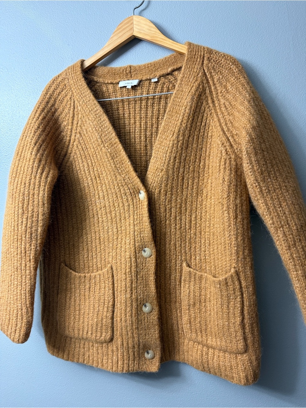 Vince ribbed alpaca-blend cardigan in gold ochre V-neckline heavy knit xxl